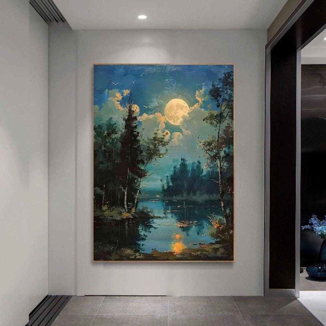 La orilla del lago bajo la luz de la luna, El paisaje nocturno, Noche iluminada por la luna, Pintura de paisaje, Pintura en lienzo de gran tamaño, Arte de pared hecho a mano, 02