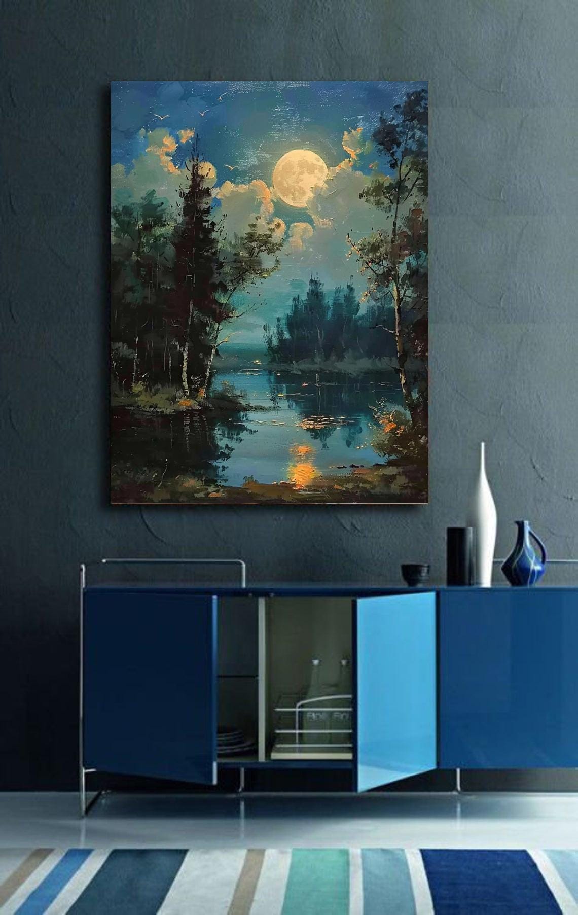 Moonlit Lake and Fores,landscape Painting of a Moon, Forest, and Lake ...