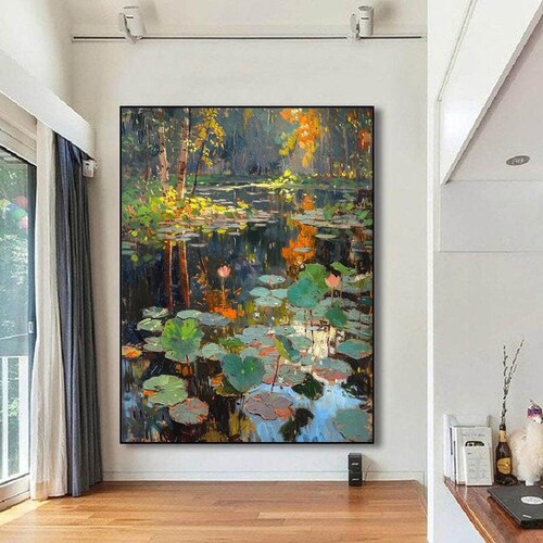 Secluded Lotus Pond,Natural Poetic Charm of Green and Pink,Original Handmade Wall Art,Landscape Painting