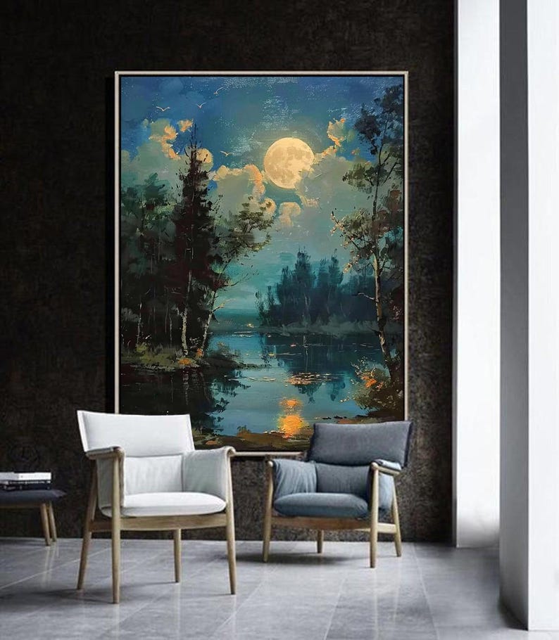 Moonlit Lake and Fores,landscape Painting of a Moon, Forest, and Lake ...