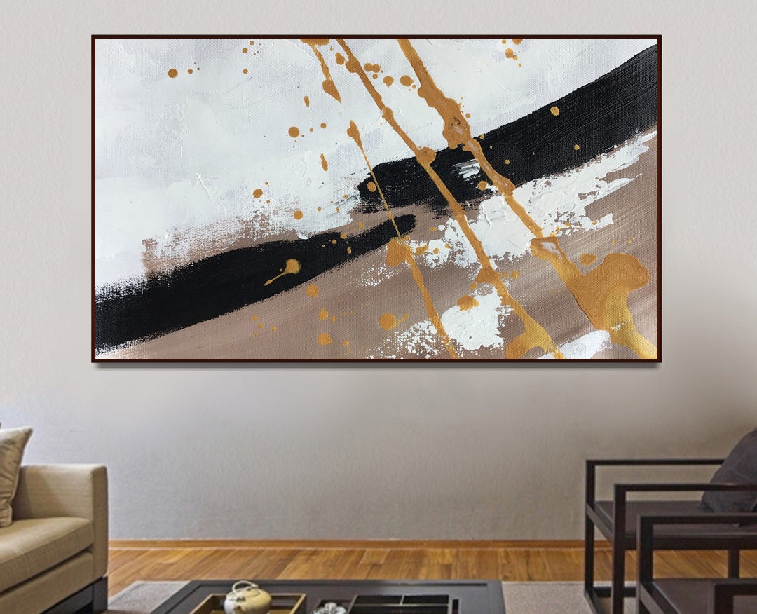 Schwarz Weiß Gold abstrakte Malerei große Wandkunst | Etsy