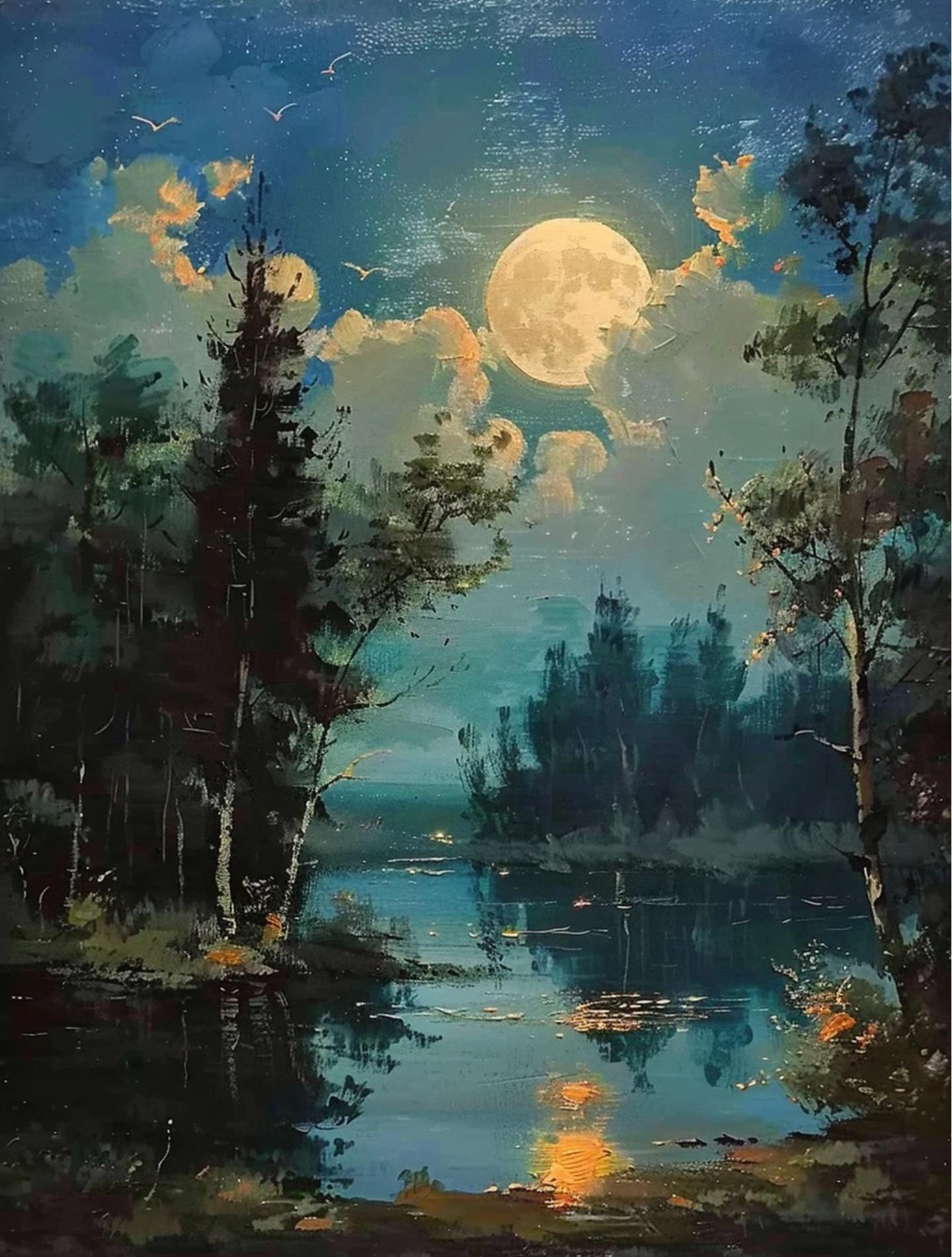 Moonlit Lake and Fores,landscape Painting of a Moon, Forest, and Lake ...