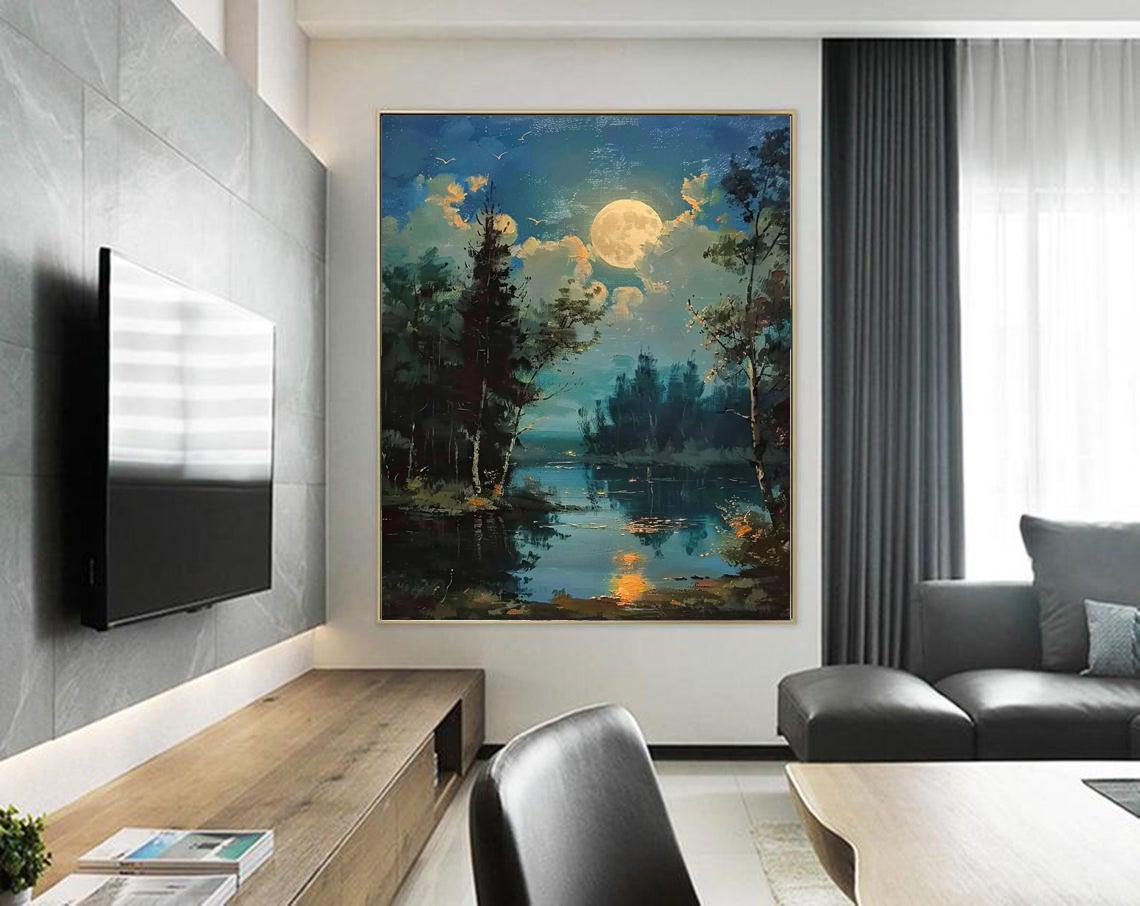 Moonlit Lake and Fores,landscape Painting of a Moon, Forest, and Lake ...