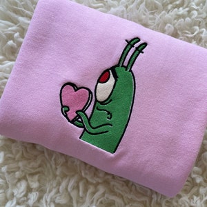 Plankton Heart Embroidered Sweatshirt Love Valentines Day Sweatshirt SpongeBob Hoodie Valentines Embroidery  Gift Anniversary