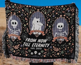 Personalized Spooky Three Framed Haunted Couple Woven Blanket Couple Blanket Gothic Love Throw with Names Gothic Dark Macabre Witch