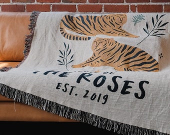 Custom Tigers Woven Throw Blanket | Family Name Personalized Throw Blanket | Home Decor House Warming Gift Cotton Anniversary Gifts