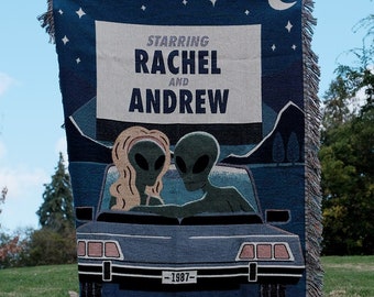 Couple Aliens Drive-In Movies Personalized Blanket Custom Couple Personalized Alien UFO Woven Blanket Aliens Lovers Gift Ideas