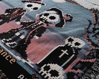 Personalized Pixel Skeleton Spooky Gaming Couple Woven Blanket Custom Pixel Art Throw Gamer Anniversary Gift Video Game Decor Gothic Gift