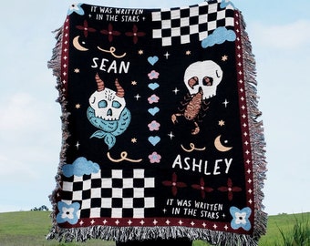 Personalized Astro Love Checkered Skulls Couple Blanket Custom Astrology Couple Gifts Zodiac Couple Gifts With Skeletons Gothic Dark Gift