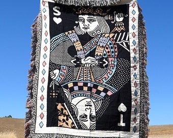 Custom Playing Card Woven Throw Blanket Personalized Couple Gifts Ideas Cotton Anniversary Gifts King & Queen Custom Poker Card Blanket