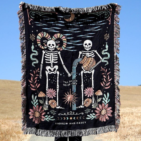NEW Custom Couple Personalized Zodiac Skeleton Woven Blanket For Couples | Custom Astrology Couple Gifts Zodiac Couple Gifts With Skeletons