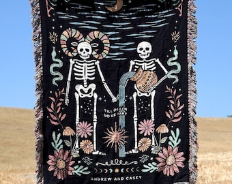 NEW Custom Couple Personalized Zodiac Skeleton Woven Blanket For Couples | Custom Astrology Couple Gifts Zodiac Couple Gifts With Skeletons