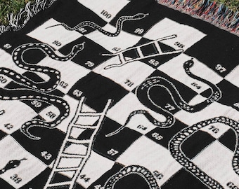 Snake And Ladder Jacquard Woven Throw Blanket Board Game Gifts Home Decor Checkered Pattern Gift for Board Game Lover Black and White