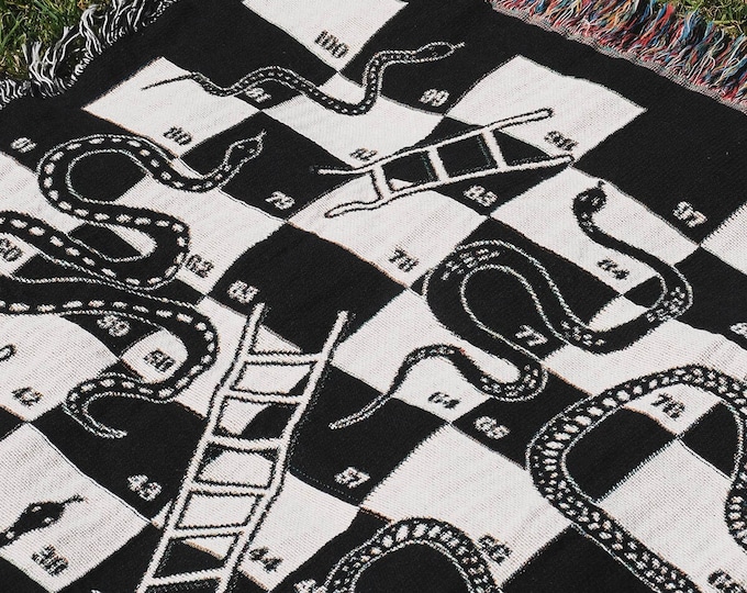 Snake And Ladder Jacquard Woven Throw Blanket Board Game Gifts Home Decor Checkered Pattern Gift for Board Game Lover Black and White