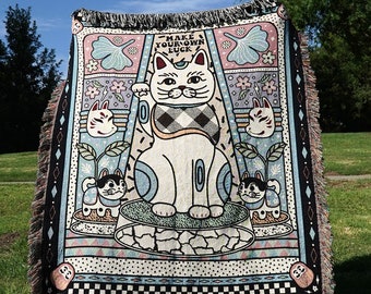 Maneki Neko Fortune Cat Woven Throw Blanket Japanese Fortune Cat Gifts Unique Colorful Throw Blankets Living Room Decor Cat Lovers Gift Idea