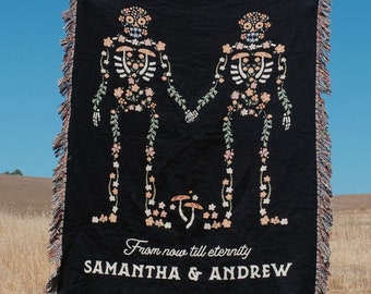Personalized Floral Skeleton Couple Woven Blanket For Couples Custom Spooky Couple Gifts Goth Couple Gifts With Skeletons
