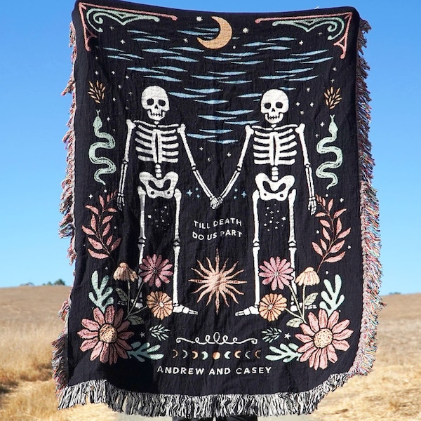 New Custom Couple Personalized Skeleton Woven Blanket For Couples Custom Goth Spooky Halloween Gifts Skeletons