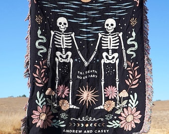 New Custom Couple Personalized Skeleton Woven Blanket For Couples Custom Goth Spooky Halloween Gifts Skeletons