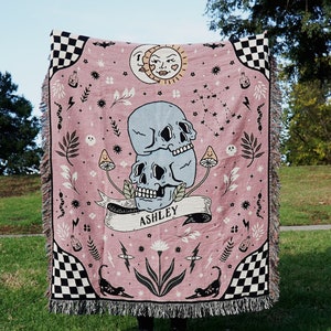 Personalized Skull Zodiac Sign Woven Throw Blanket Custom Astrology Blanket With Name Spooky Skeleton Zodiac Signs Star Signs Gift Ideas