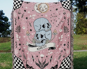 Personalized Skull Zodiac Sign Woven Throw Blanket Custom Astrology Blanket With Name Spooky Skeleton Zodiac Signs Star Signs Gift Ideas
