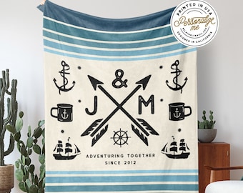 Custom Fleece Blanket Personalized Blanket With Couples Initials Ocean Inspired Wedding Gift Anniversary Gift For Husband Gift For Wife