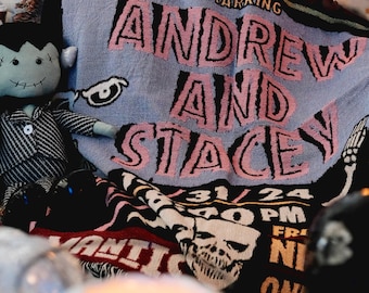 Personalized Horror Picture Couple Woven Blanket Custom Spooky Show Blanket Gothic Love Throw with Names & Date Horror Movie Poster Gifts