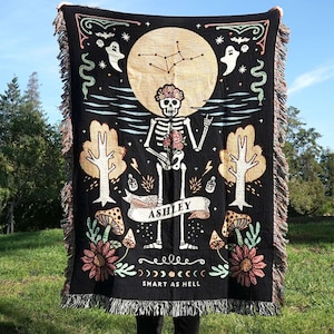 New Custom Personalized Zodiac Skeleton Woven Blanket  | Custom Astrology Gifts Zodiac Gifts With Skeletons Zodiac Signs Gift Ideas