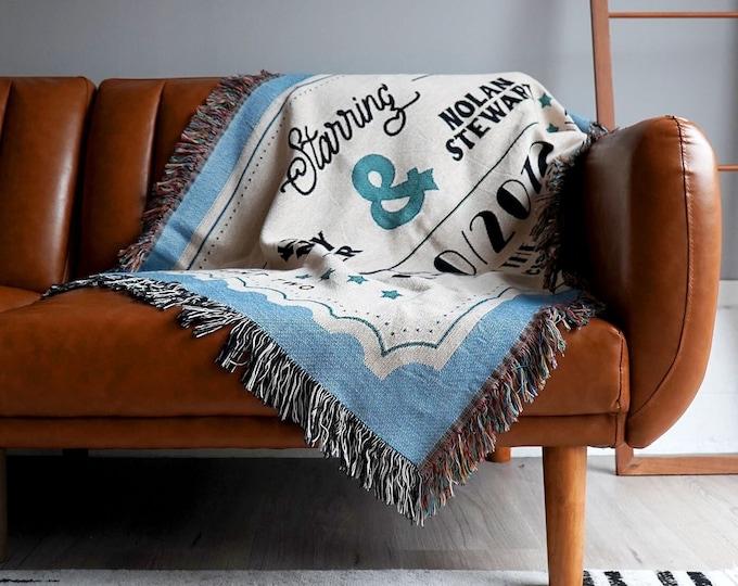 Custom Movie Ticket Woven Throw Blanket Retro Gift For Couple Gifts Ideas Personalized Couple Blanket Cotton Anniversary Gifts Retro Gifts