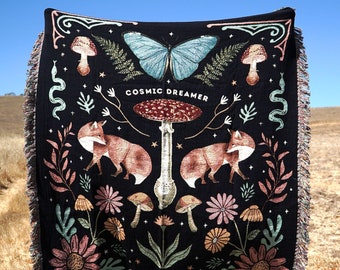 Cosmic Dreamer Whimsical Woven Throw Blanket | Cottagecore | Mushroom Lover Gift Ideas Butterfly Floral Throw Blanket Living Room Decor