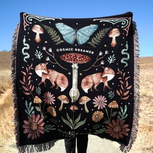 Cosmic Dreamer Whimsical Woven Throw Blanket | Cottagecore | Mushroom Lover Gift Ideas Butterfly Floral Throw Blanket Living Room Decor