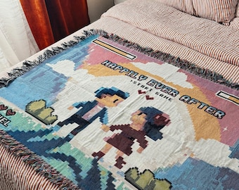 Personalized Retro 8-Bit Gaming Couple Woven Blanket Custom Pixel Art Throw Gamer Anniversary Gift Video Game Decor 100% Cotton Blanket