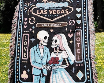 Personalized Las Vegas Chapel Wedding Neon Couple Skeletons Woven Tapestry Throw Blanket Custom Anniversary Gift Wedding Gift Pride Gift