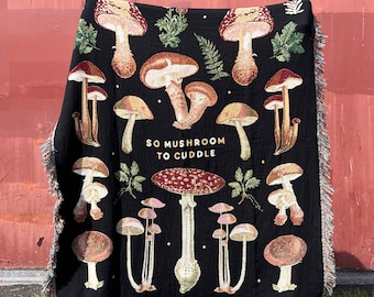 So Mushroom To Cuddle Fungi Woven Blanket | Cottagecore | Mushroom Lover Gift Ideas Birthday Gift Woven Throw Blanket Living Room Decor