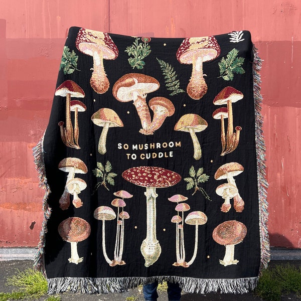 So Mushroom To Cuddle Fungi Woven Blanket | Cottagecore | Mushroom Lover Gift Ideas Birthday Gift Woven Throw Blanket Living Room Decor