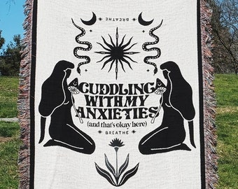 Cuddling With My Anxieties Jacquard Woven Throw Blanket Home Decor Cotton Blanket Anxiety Meditation Blanket