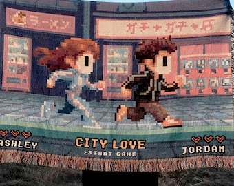 Personalized Japanese Retro 8-Bit Gaming Couple Woven Blanket Custom Pixel Art Throw Tokyo Street Gamer Anniversary Gift 100% Cotton Gift