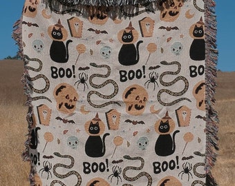 Coperta in tessuto spettrale con motivo Boo Goth Halloween Decorazioni per la casa spettrali Coperta da tiro spaventosa zucca Idee per decorazioni autunnali