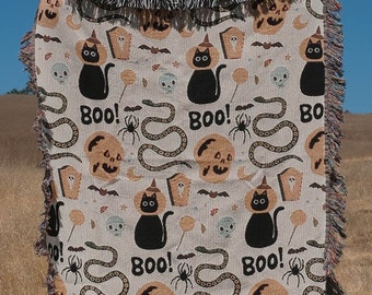 Boo Pattern Spooky Woven Blanket Goth Halloween Spooky Home Decor Throw Blanket scary Pumpkin Fall Decor Ideas