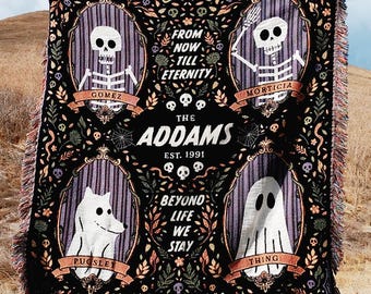 Personalized Spooky Four Framed Haunted Family Woven Blanket Couple Blanket Gothic Love Throw with Names Dark Pet Skeleton