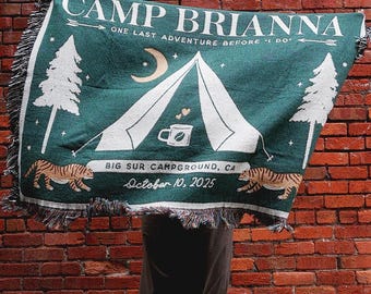Personalized Camp Bride Bachelorette Party Blanket Custom Woven Throw For Outdoor Bachelorette Bride Gift Cabin Weekend Team Bride Camping
