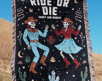 Personalized Western Spooky Skeleton Couple Woven Blanket Ride-Or-Die Cowboy Style Couple Gifts For Her For Him Anniversary Gothic Gift Idea