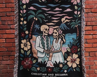 Personalized Skeleton Lovers’ Island Escape Couple Blanket Hawaiian Wedding Gift Tropical Wedding Till Death Do Us Part Anniversary Blanket