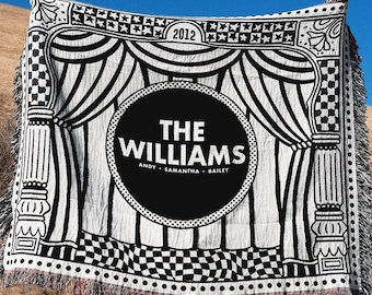 Personalized Theatre Curtain Family Name Woven Blanket Custom Movie Night Throw Blanket Anniversary Gift for Parents Custom Family Blanket