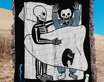 Personalized Skeletons Couple In Bed Woven Blanket Cystin Couple Blanket Gothic Love Throw with Names Gothic Dark Macabre Witch Spooky