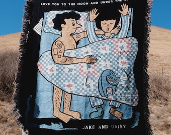 Personalized Couple In Bed Woven Blanket Cute Custom Couples Blanket With Names Wedding Gift Cotton Anniversary Gift For Husband Wife