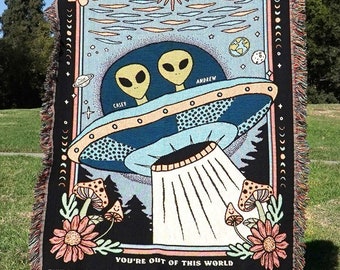 New Custom Couple Personalized Alien Ufo Woven Blanket For Couples | Custom Spooky Couple Gifts Aliens Lovers Gifts Outer Space
