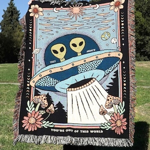 New Custom Couple Personalized Alien Ufo Woven Blanket For Couples | Custom Spooky Couple Gifts Aliens Lovers Gifts Outer Space