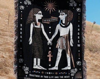 New Custom Egyptian Lovers Personalized Couple Woven Throw Blanket Ancient Egypt Blanket Home Decor Anniversary Gift for Husband Wive