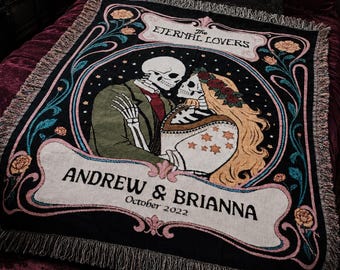 Gepersonaliseerde art nouveau skeletdeken, deken van de eeuwige geliefden, gotische paarcadeau, aangepaste paar geweven deken, jubileumcadeau