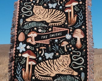 Magical Land Animal Cottagecore Personalized Couple Woven Blanket Wedding Throw Cotton Anniversary Gift Mushroom Fungi Custom Tiger Blanket